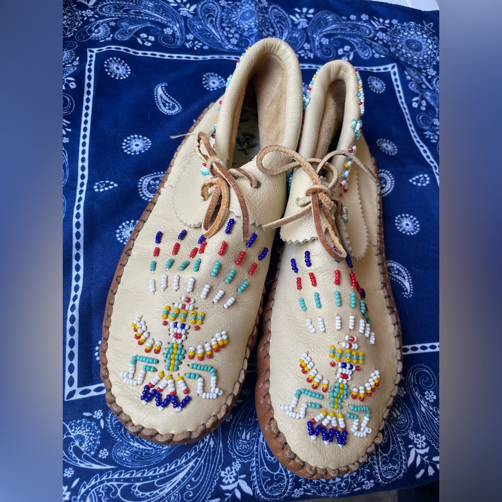 Vintage TAOS Native American Buckskin Leather Beaded Moccasins